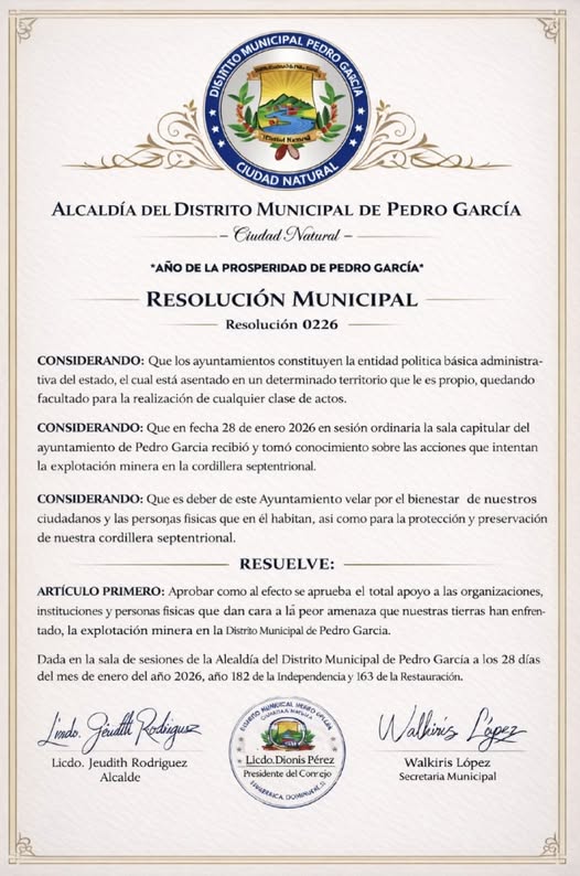 Concejo de Regidores aprueba Resolución 0226 en defensa de la Cordillera Septentrional